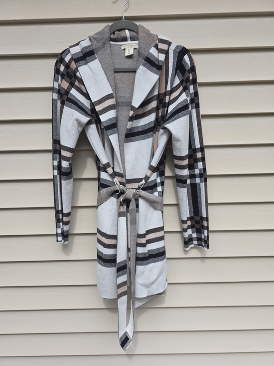 Christian Siriano Sweaters - Christian Siriano Plaid Hooded Belted Cardigan in Gray, Black & Brown